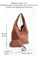 Woven Leather Slouchy Tote Bag with Matching Zipper Pouch 2PCS Set - Tan