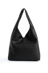 Woven Pu Leather  Slouchy Tote Bag - Black
