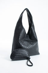 Woven Pu Leather  Slouchy Tote Bag - Black