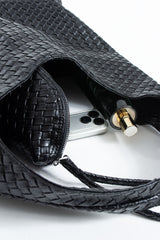 Woven Pu Leather  Slouchy Tote Bag - Black