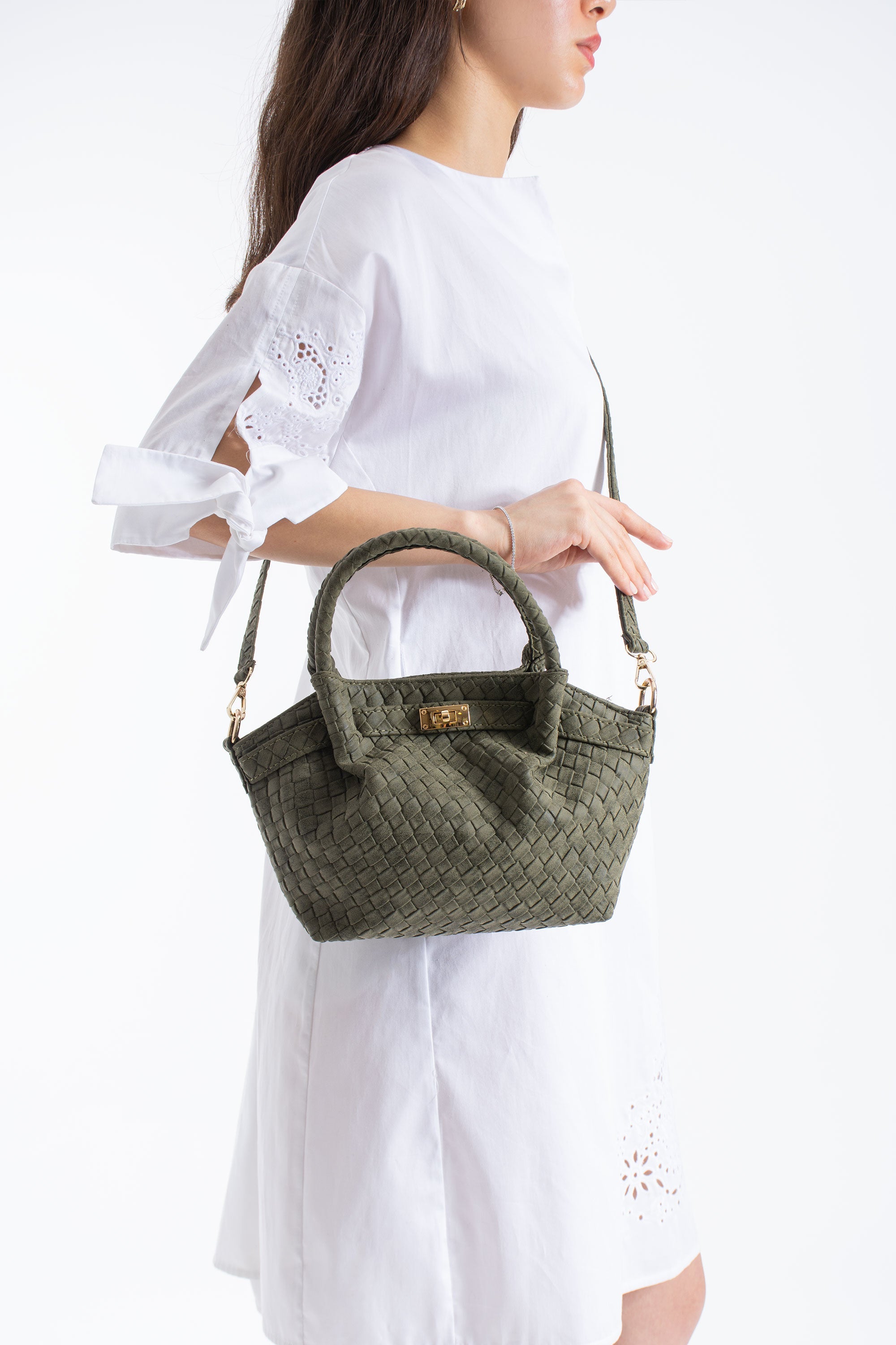 Woven Suede Top Handle Crossbody Bag with Twist Lock Detail - Khaki