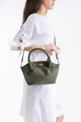 Woven Suede Top Handle Crossbody Bag with Twist Lock Detail - Khaki