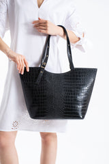 Textured  Pu Leather Tote Bag with Matching Zipper Pouch 2PCS Set - Black