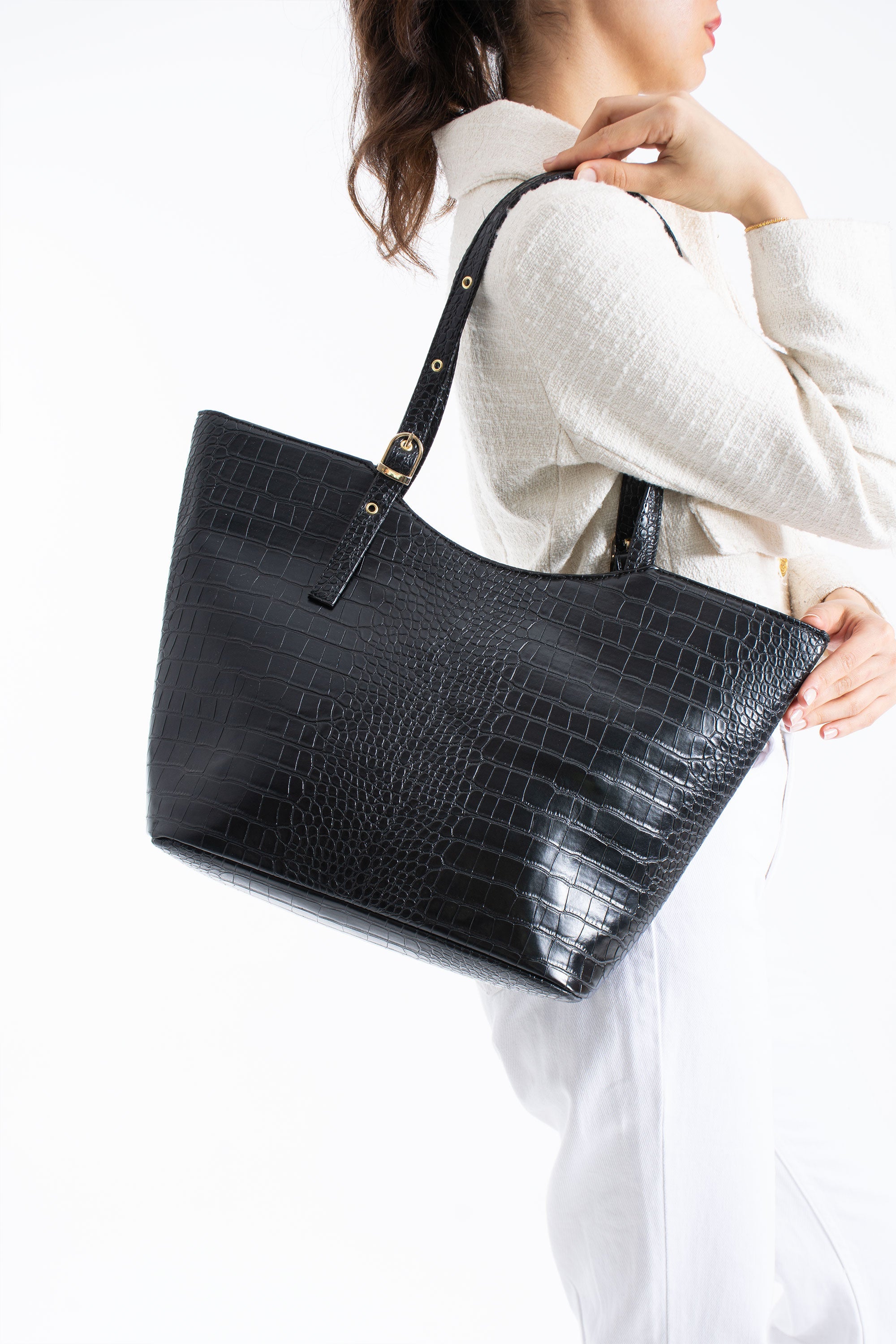 Textured  Pu Leather Tote Bag with Matching Zipper Pouch 2PCS Set - Black