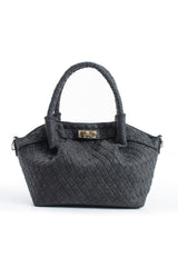 Woven Suede Top Handle Crossbody Bag with Twist Lock Detail - Black