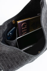 Woven Suede Slouchy Tote Bag with Matching Zipper Pouch 2PCS Set - Black