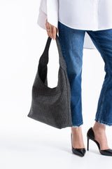 Woven Suede Slouchy Tote Bag with Matching Zipper Pouch 2PCS Set - Black