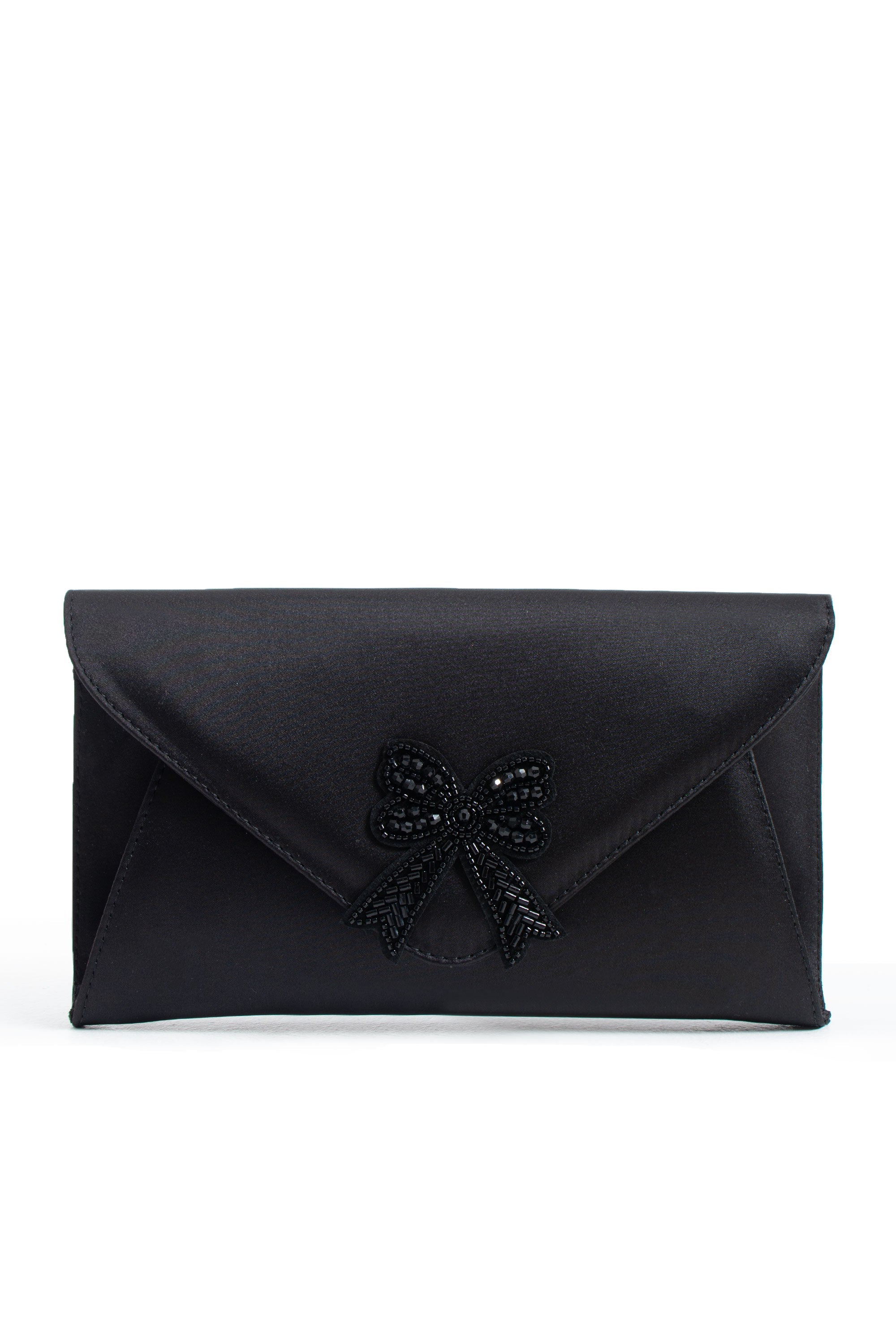 Satin Evening Clutch Bag with Embellishment - Black