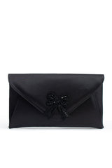 Satin Evening Clutch Bag with Embellishment - Black