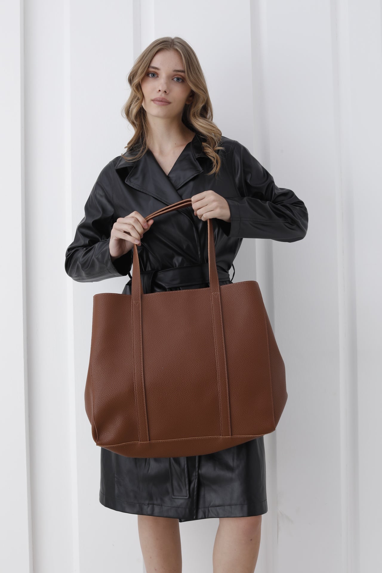 Pu Leather Weekend Bag  – 2 Pcs Set - Tan