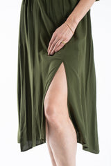 Womens Viscose V Neck Short Sleeve Midi Dress - Khaki