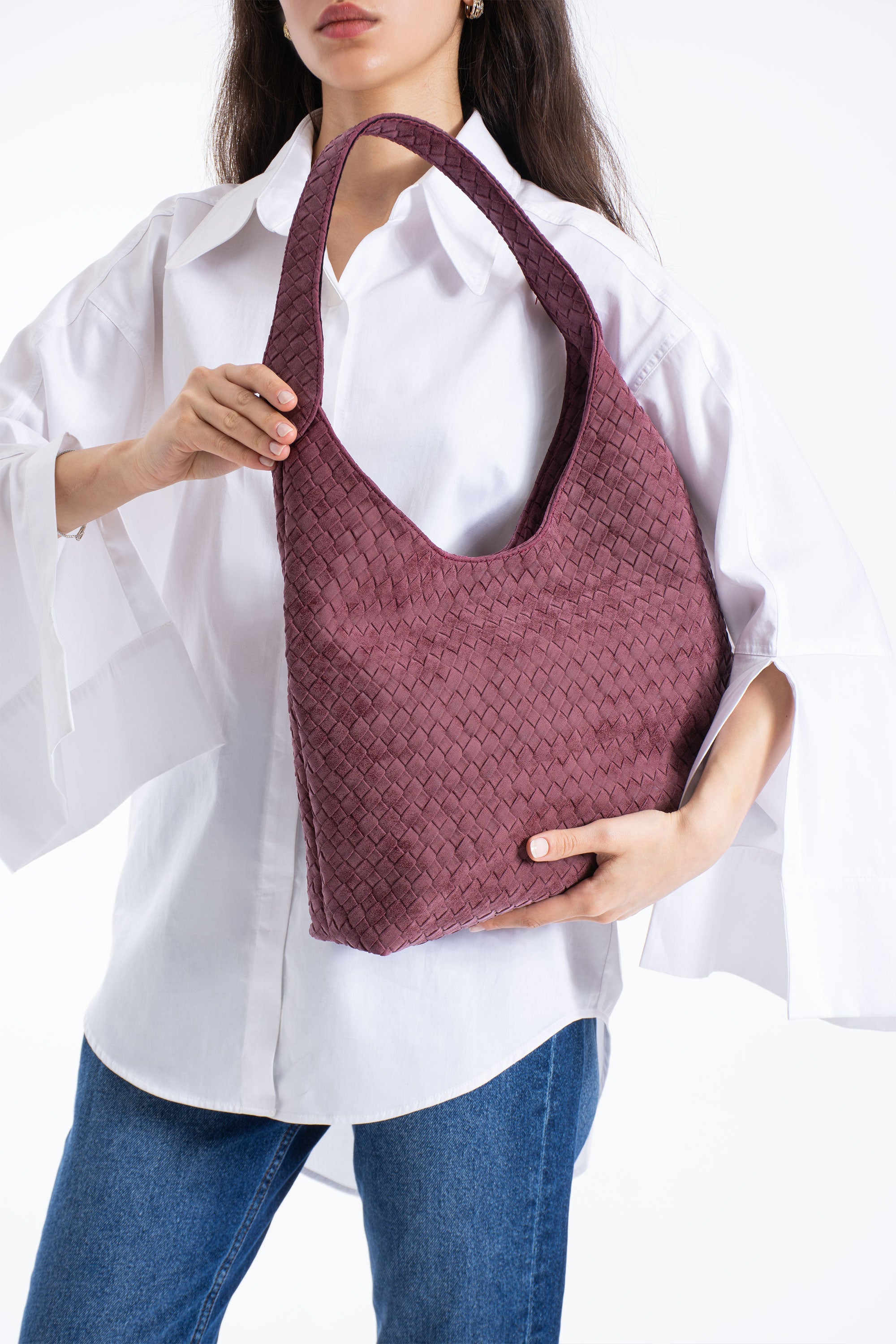 Woven Suede Slouchy Tote Bag with Matching Zipper Pouch 2PCS Set - Burgundy