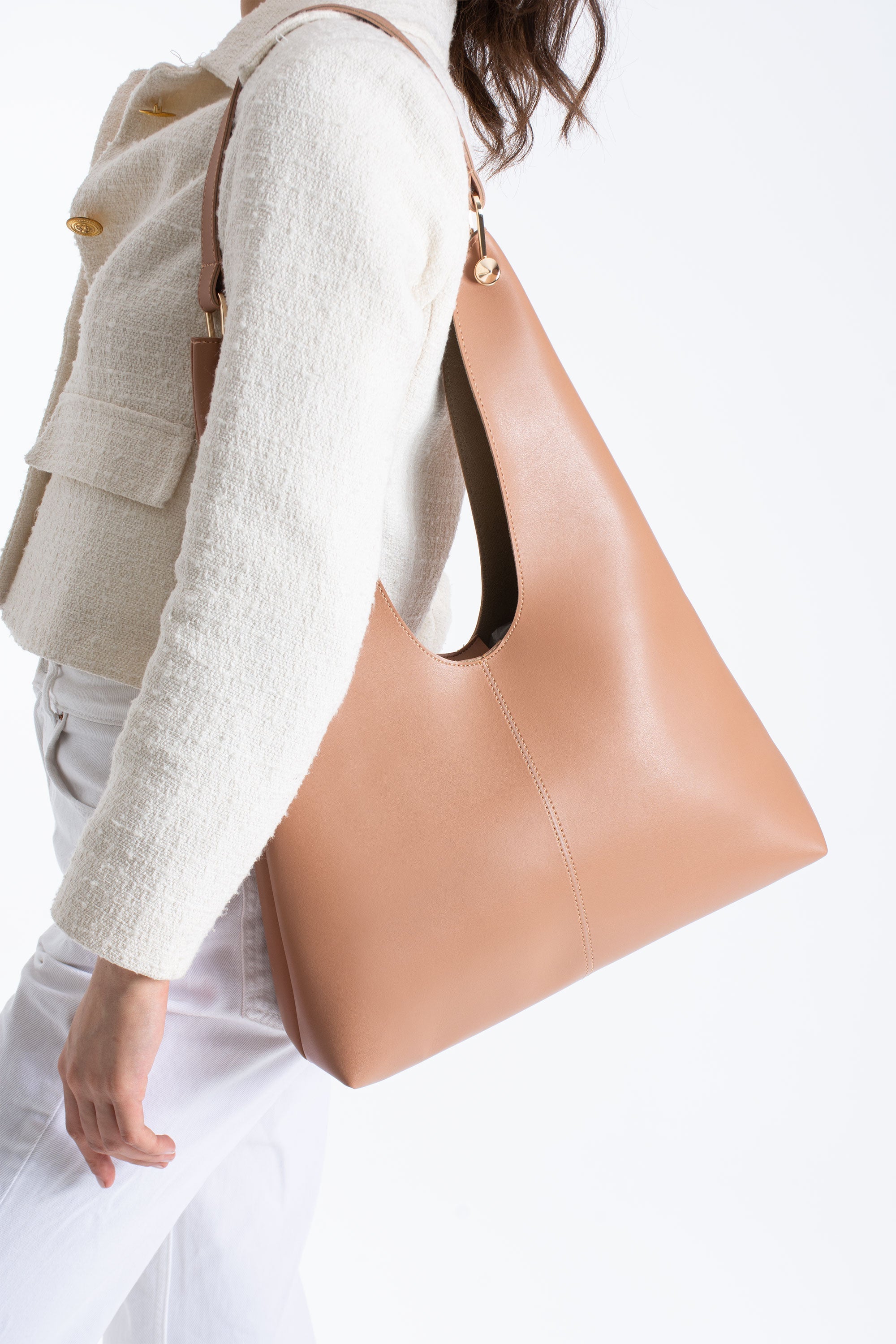 Hobo Shoulder Bag for Women with Matching Zip Pouch, 2PCS - Nude