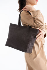 Woven Pu Leather Tote Bag with Matching Zipper Pouch 2PCS Set - Brown