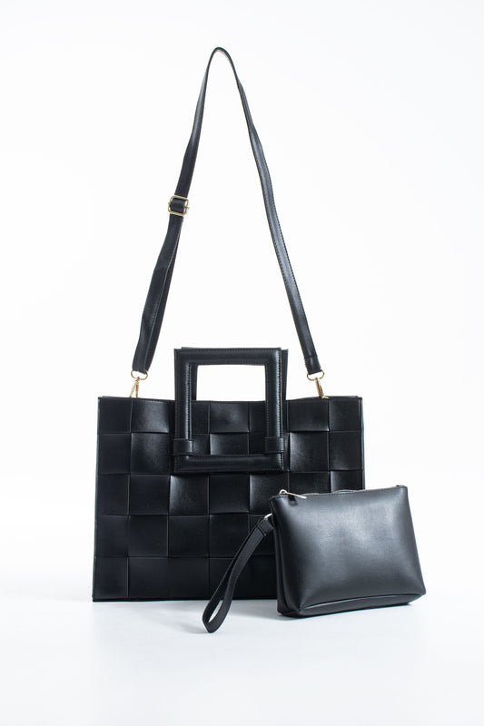 Braided Convertible Tote Bag with Detachable Crossbody Strap - Black