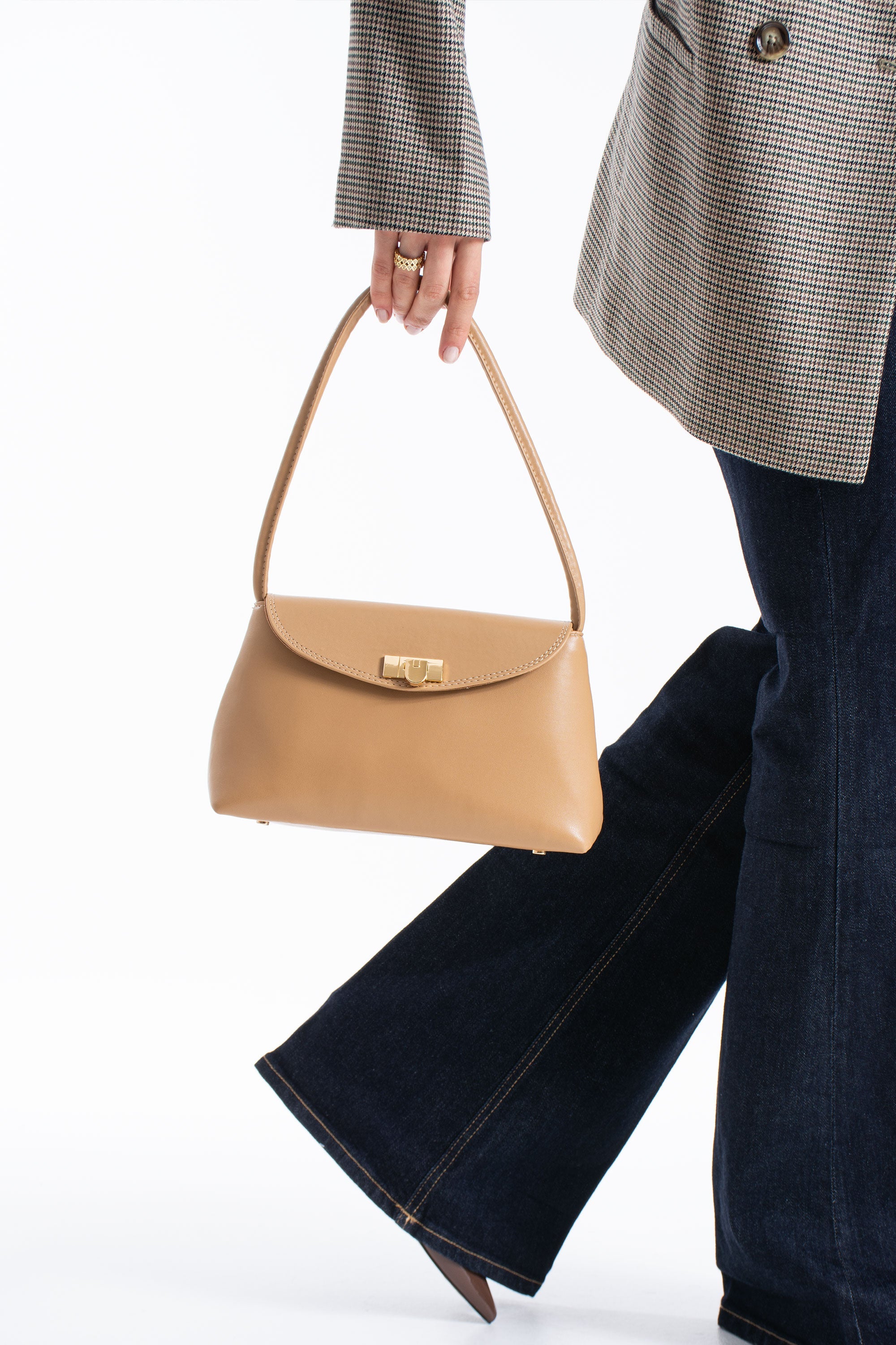 Pu Leather Flap Shoulder Bag - Nude