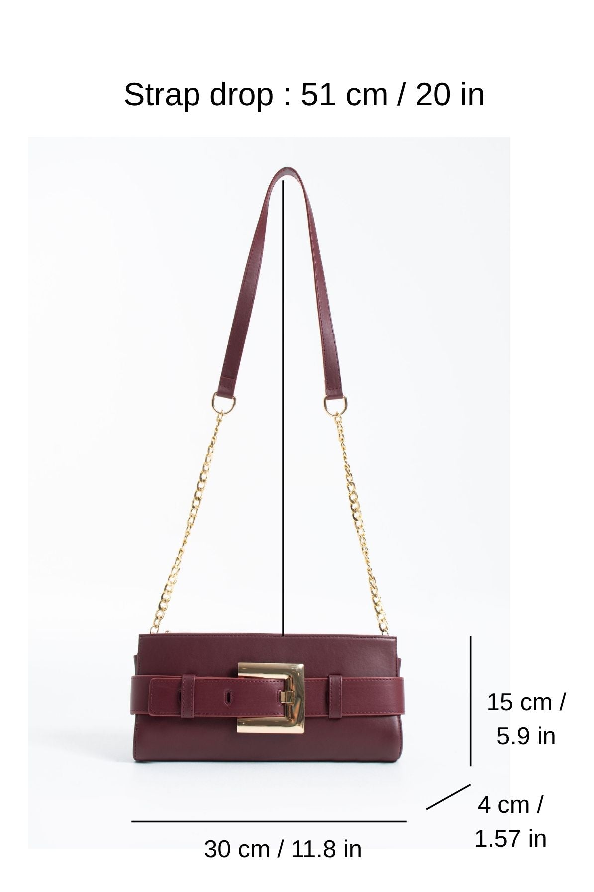 PU Leather Shoulder & Clutch Bag with Large Gold Buckle - Burgundy
