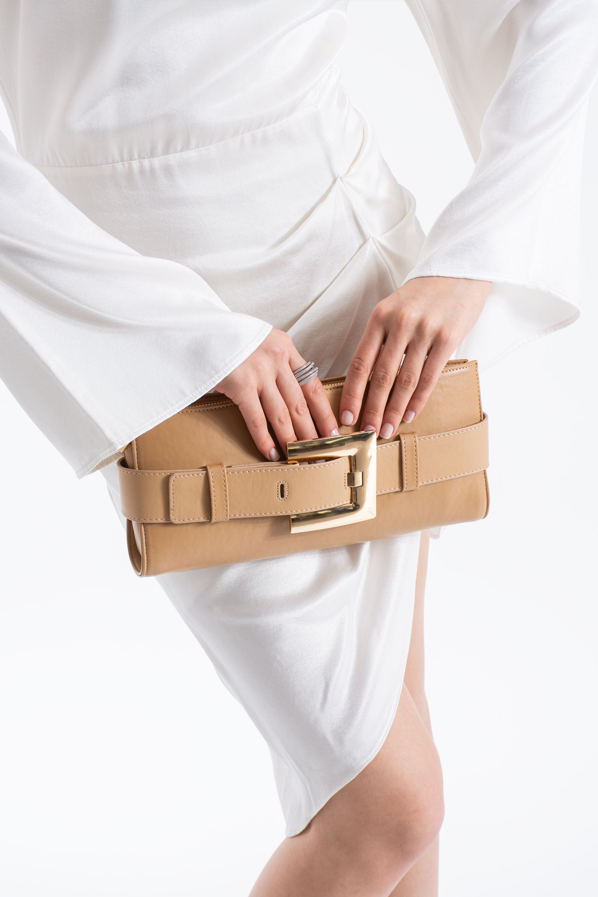 PU Leather Shoulder & Clutch Bag with Large Gold Buckle - Nude