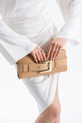 PU Leather Shoulder & Clutch Bag with Large Gold Buckle - Nude