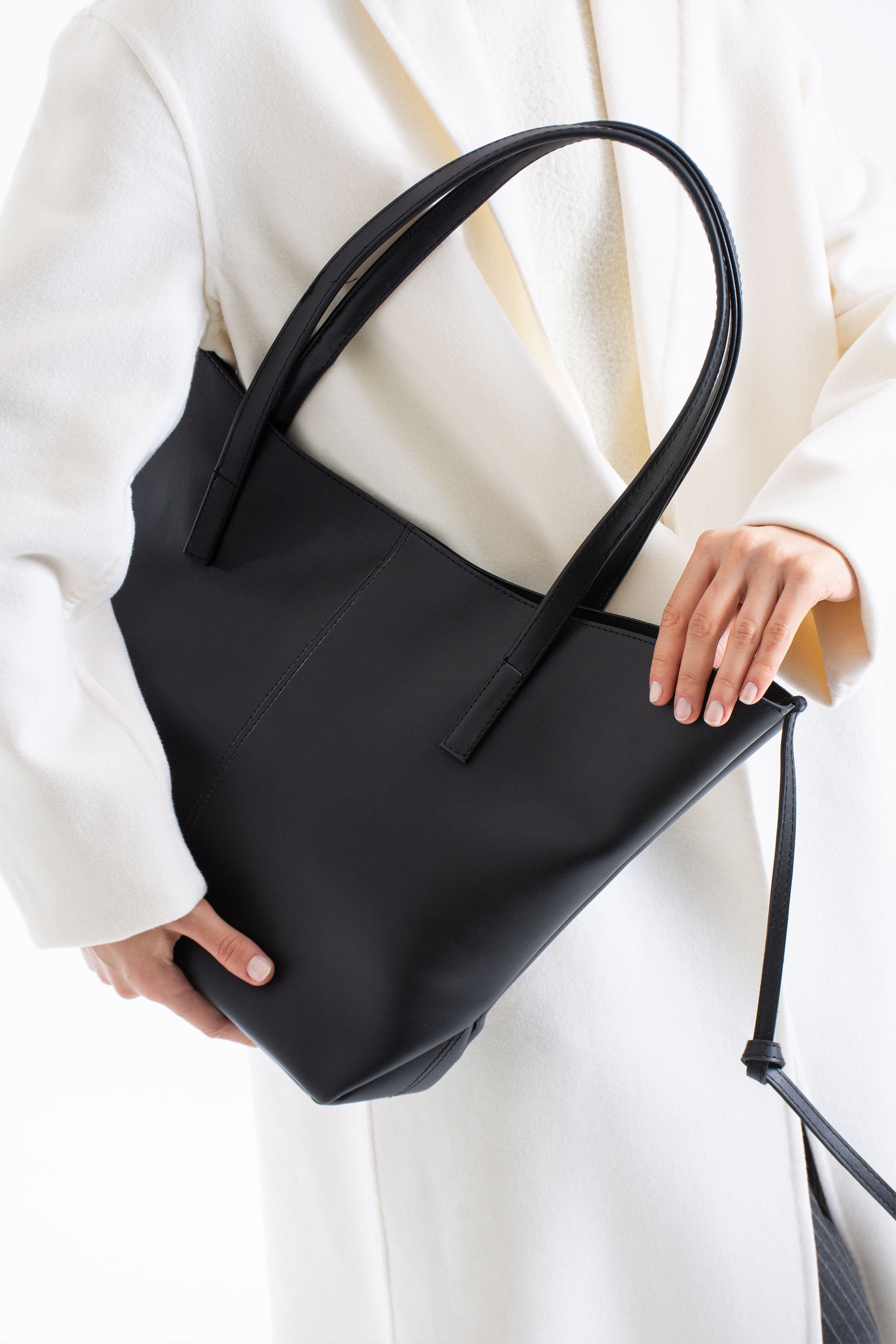 Pu Leather Large Tote Bag with Matching Zipper Pouch  2PCS Set - Black