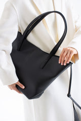 Pu Leather Large Tote Bag with Matching Zipper Pouch  2PCS Set - Black