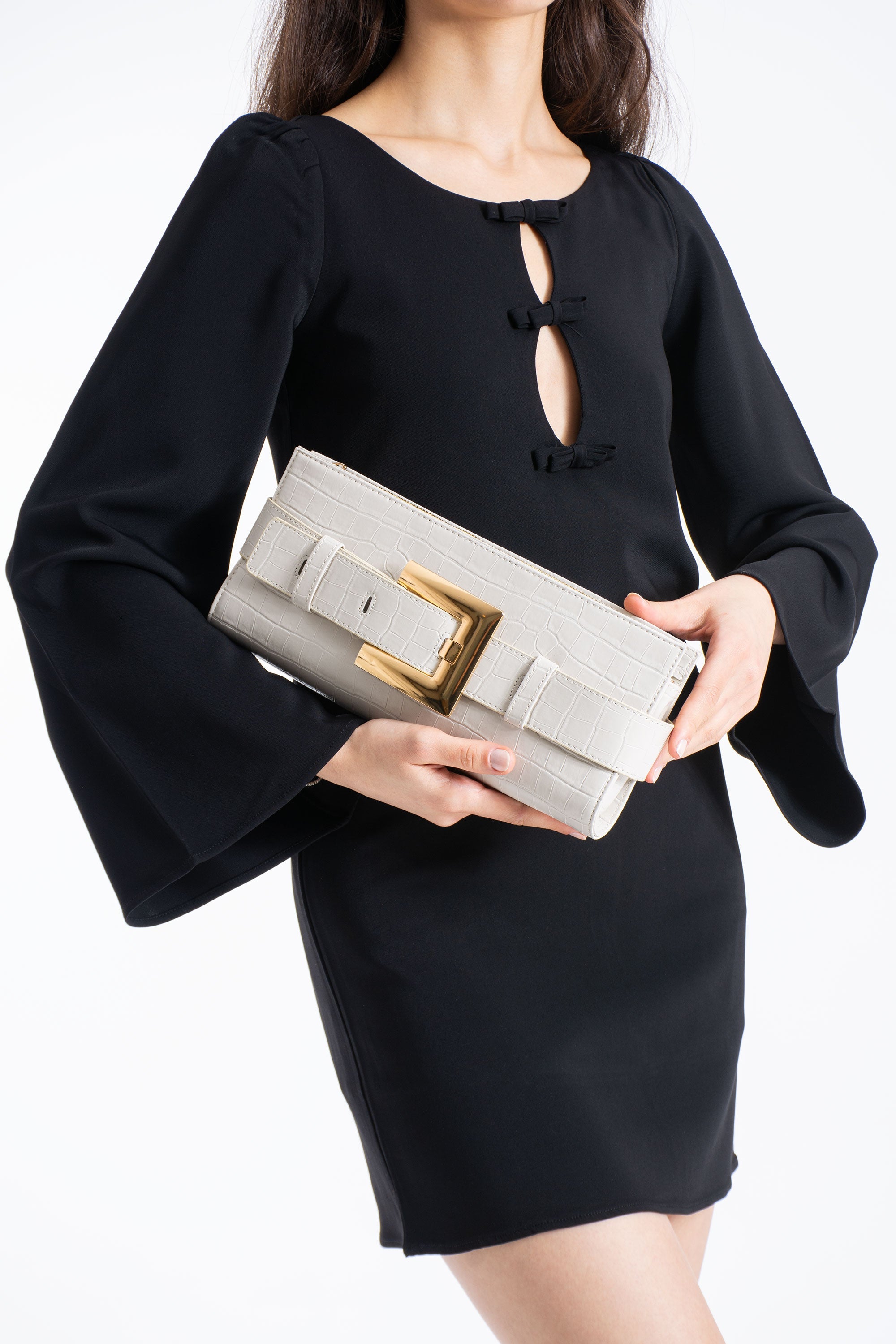 Croc PU Leather Shoulder & Clutch Bag with Large Gold Buckle - Cream