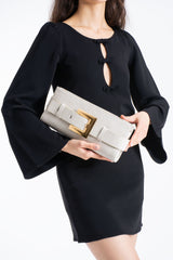 Croc PU Leather Shoulder & Clutch Bag with Large Gold Buckle - Cream