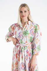 Women’s Linen Blend Ornamental Print Midi Shirt Dress - Cream