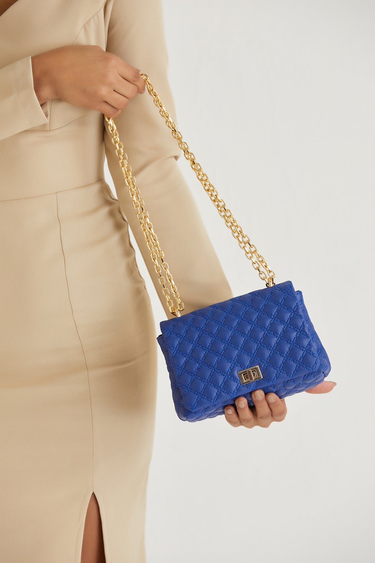 Quilted Plant Based Leather Crossbody & Shoulder Bag - Blue