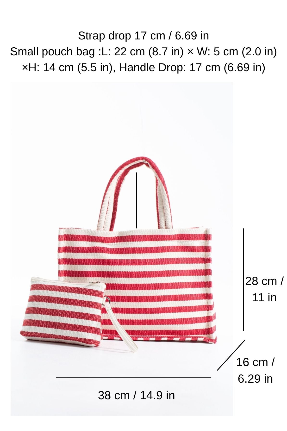 Striped Canvas Summer Tote Bag  with Matching Zipper Pouch 2 Pcs Set - Red