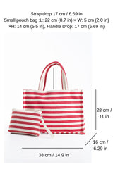 Striped Canvas Summer Tote Bag  with Matching Zipper Pouch 2 Pcs Set - Red