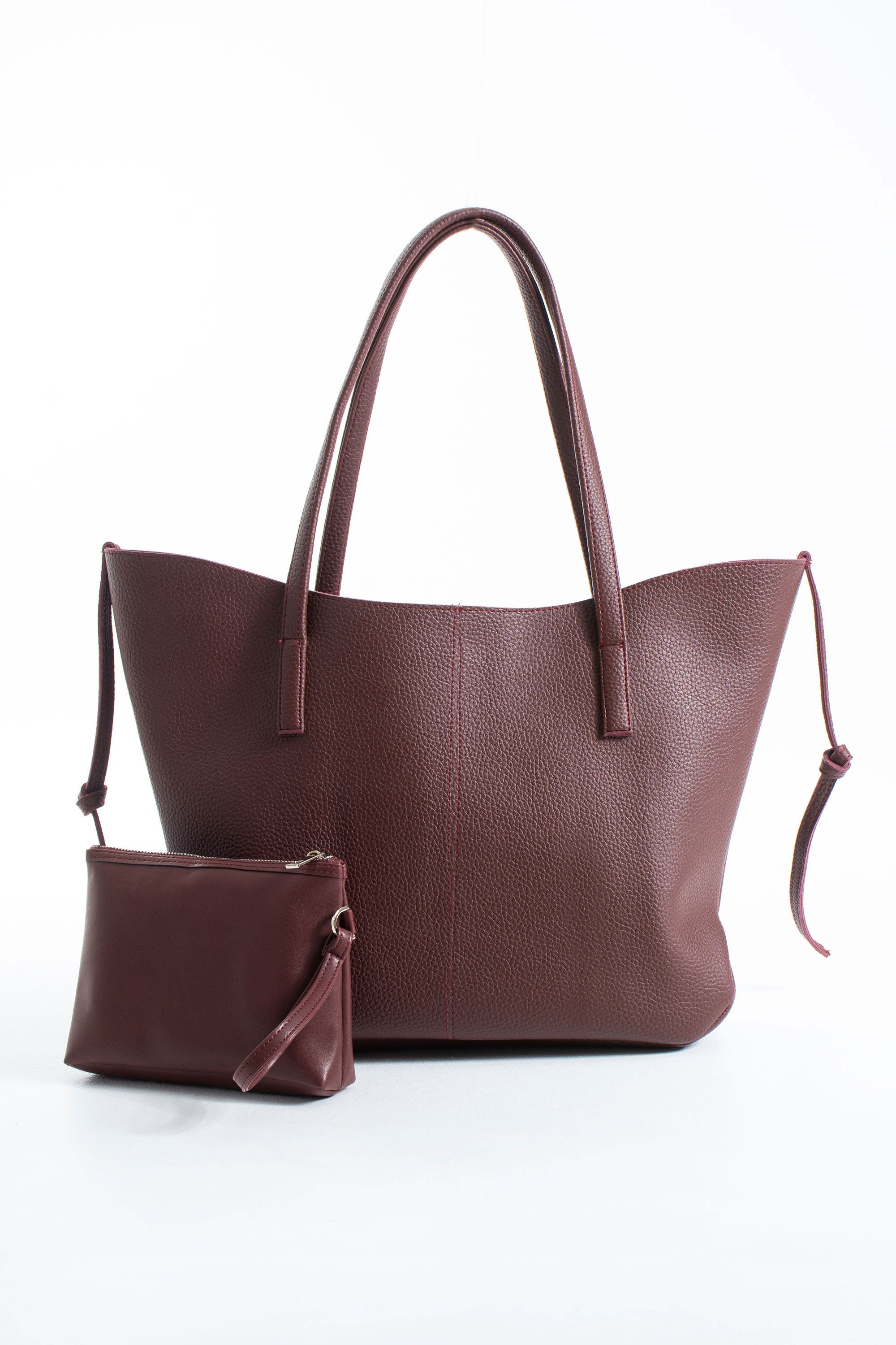 Grain Pu Leather Large Tote Bag with Matching Zipper Pouch  2PCS Set - Burgundy