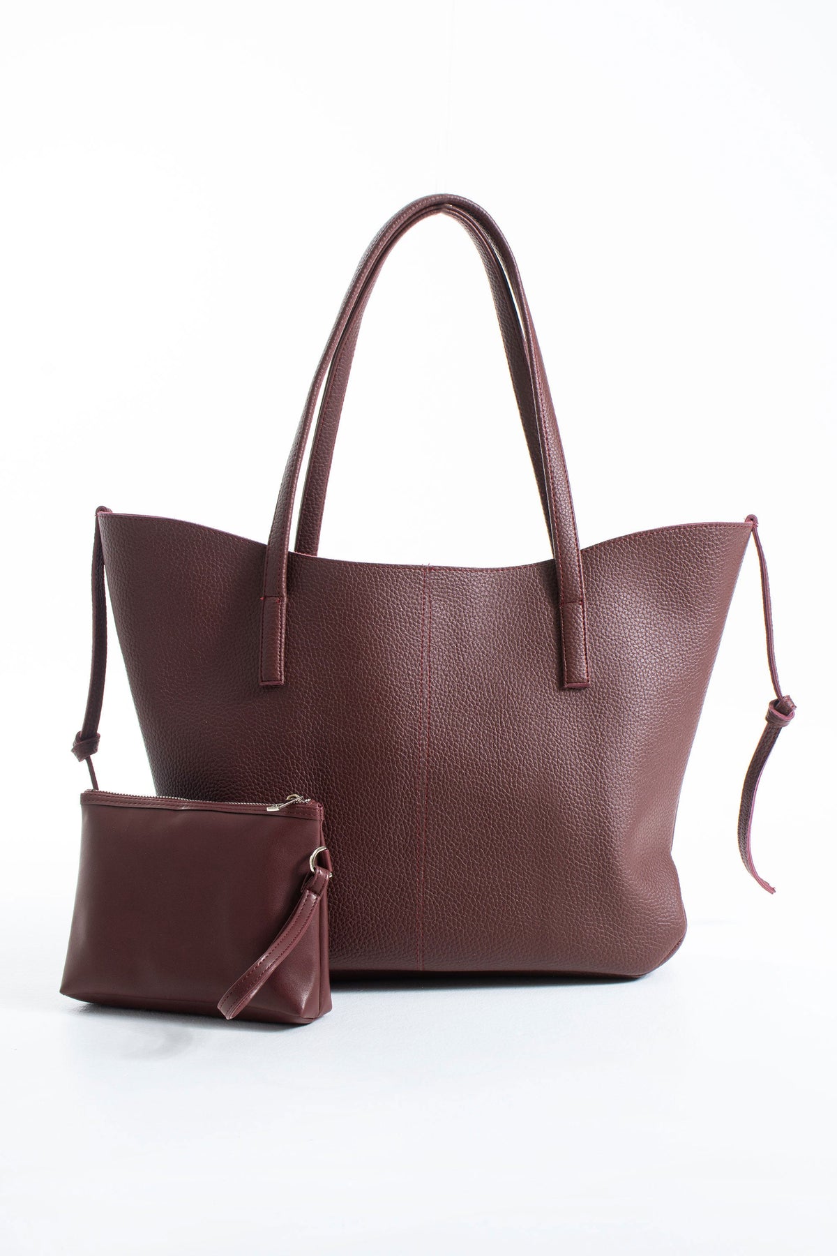 Grain Pu Leather Large Tote Bag with Matching Zipper Pouch  2PCS Set - Burgundy