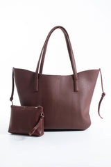 Grain Pu Leather Large Tote Bag with Matching Zipper Pouch  2PCS Set - Burgundy