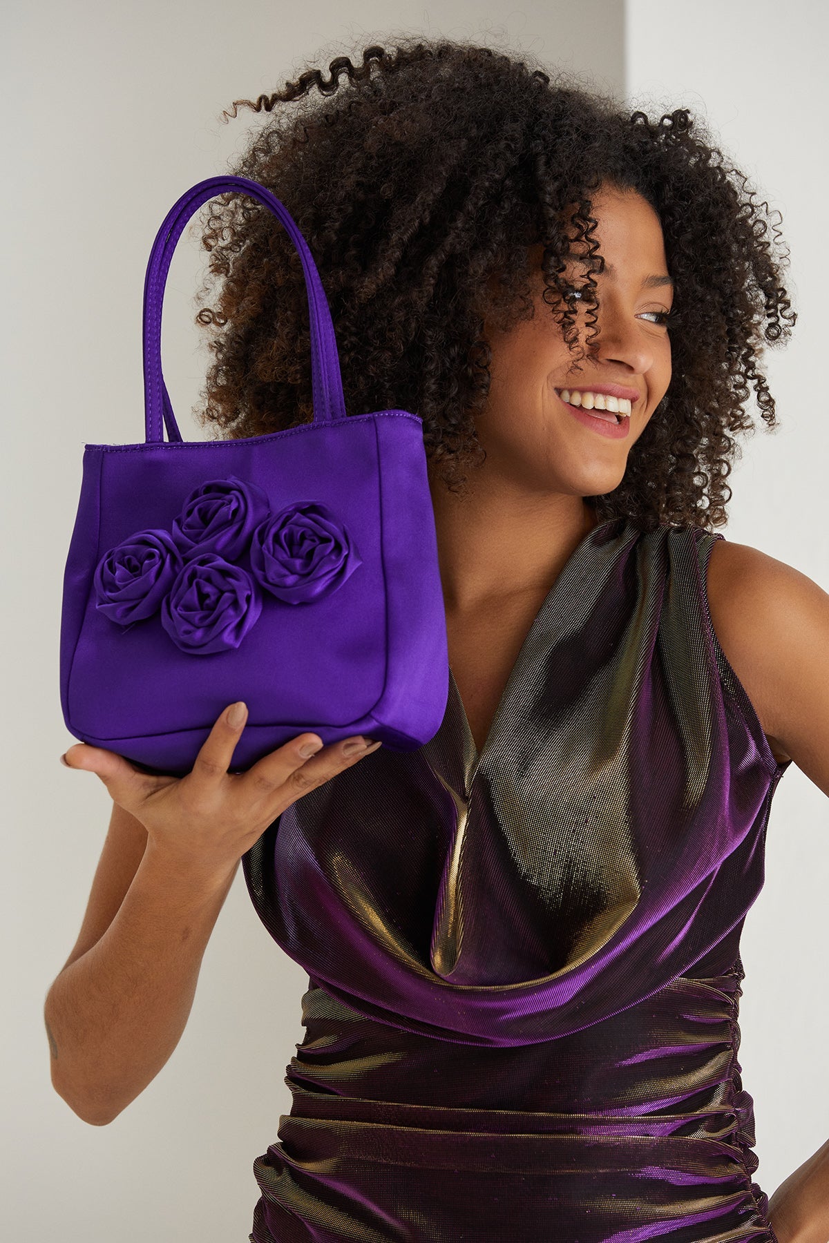 Floral Satin Handbag with Detachable Crossbody Strap - Purple