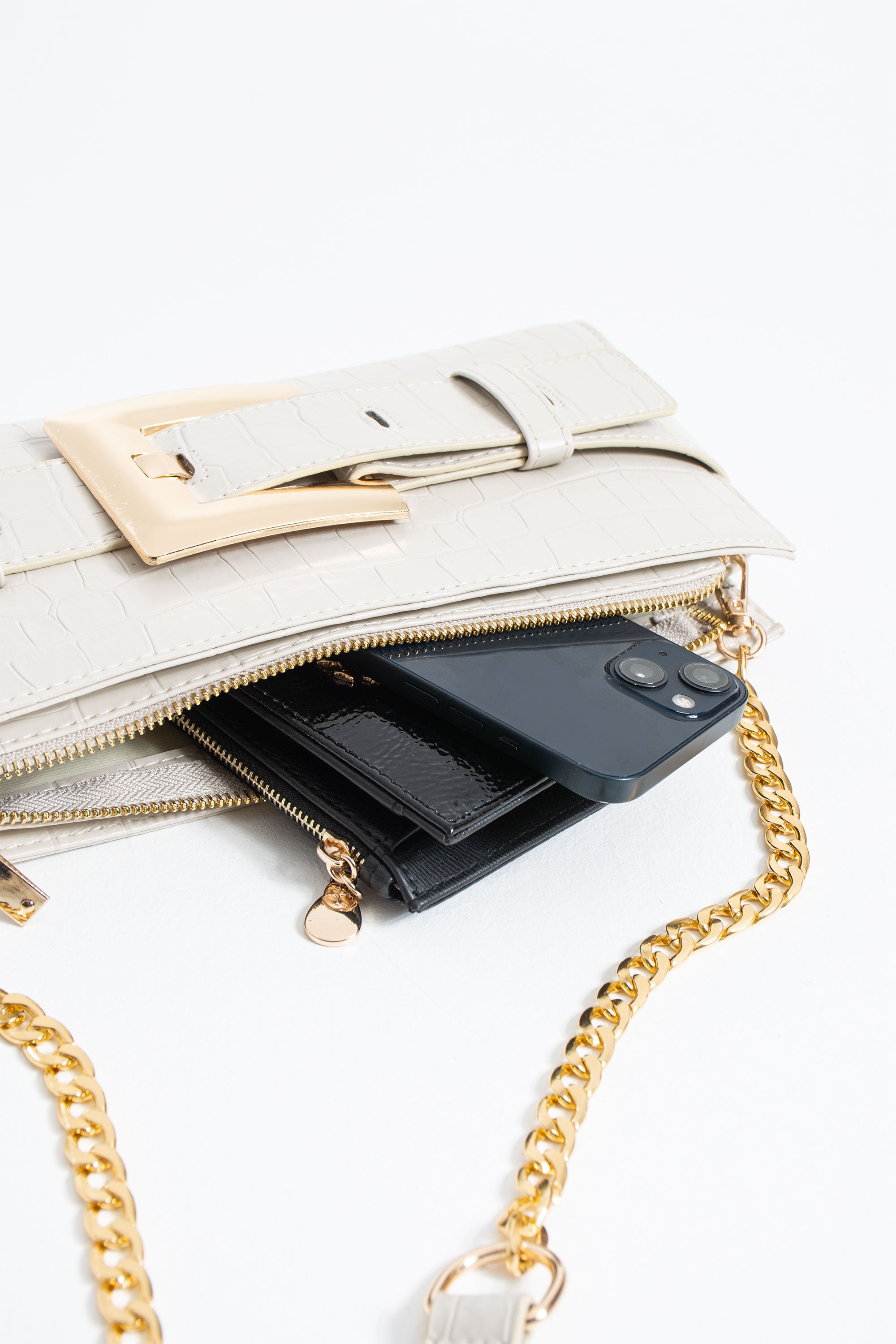 Croc PU Leather Shoulder & Clutch Bag with Large Gold Buckle - Cream