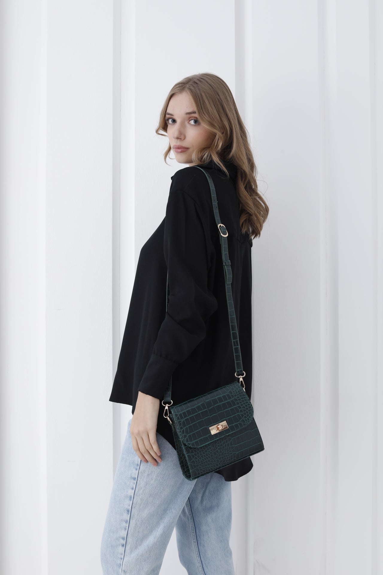 Croc Pu Leather Crossbody Bag - Khaki