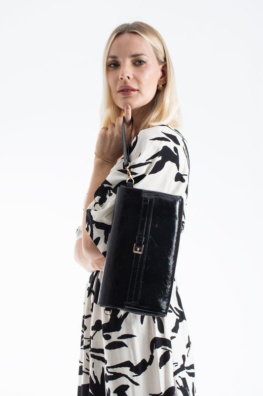 Crinkle Patent Flap Closure Wristlet & Clutc&Crossbody  3-in-1 Handbag - Black