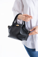 Pu Leather Top Handle Crossbody Bag with Twist Lock Detail - Black