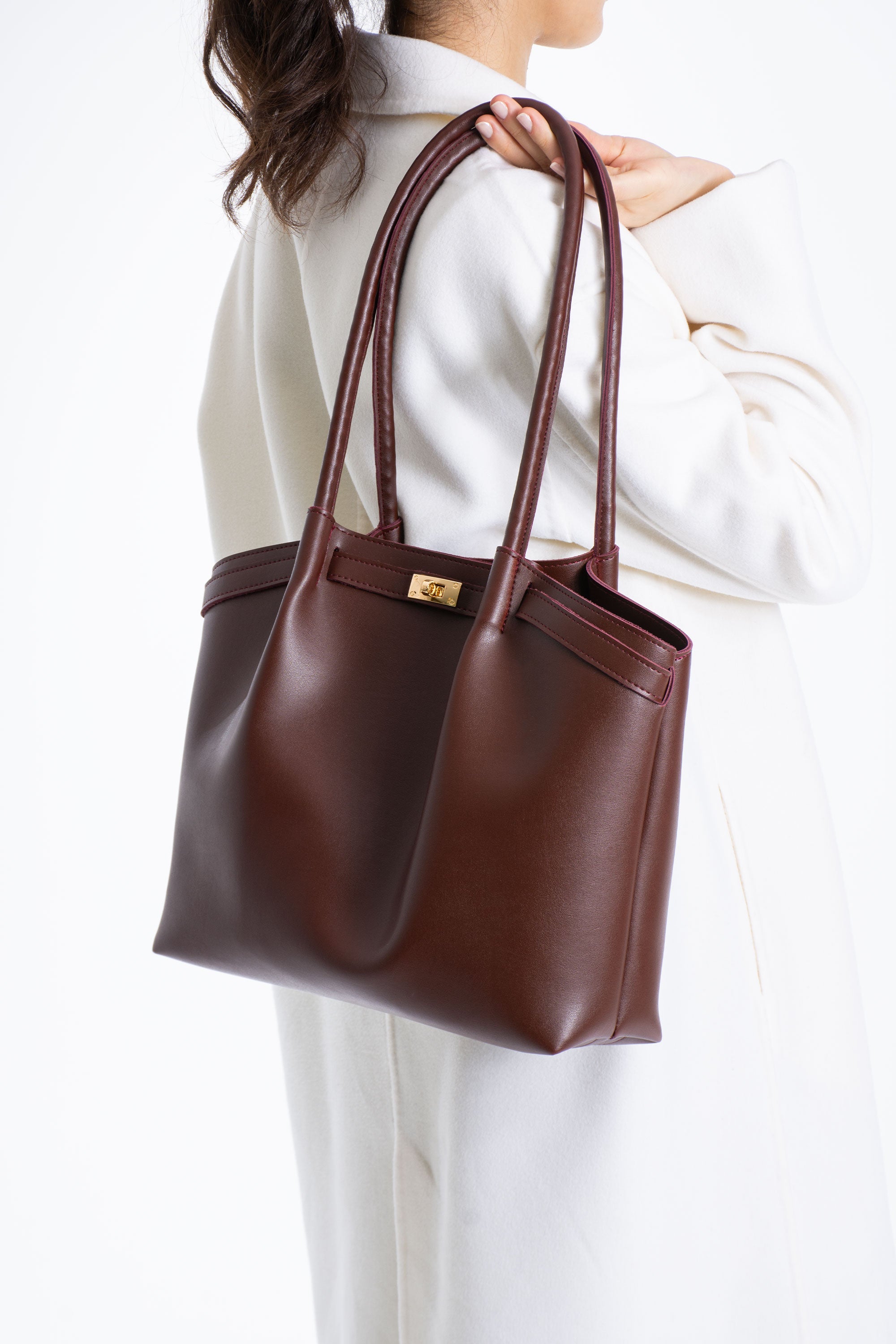 Large PU Leather Shopper Tote Bag with Matching Pouch - Burgundy