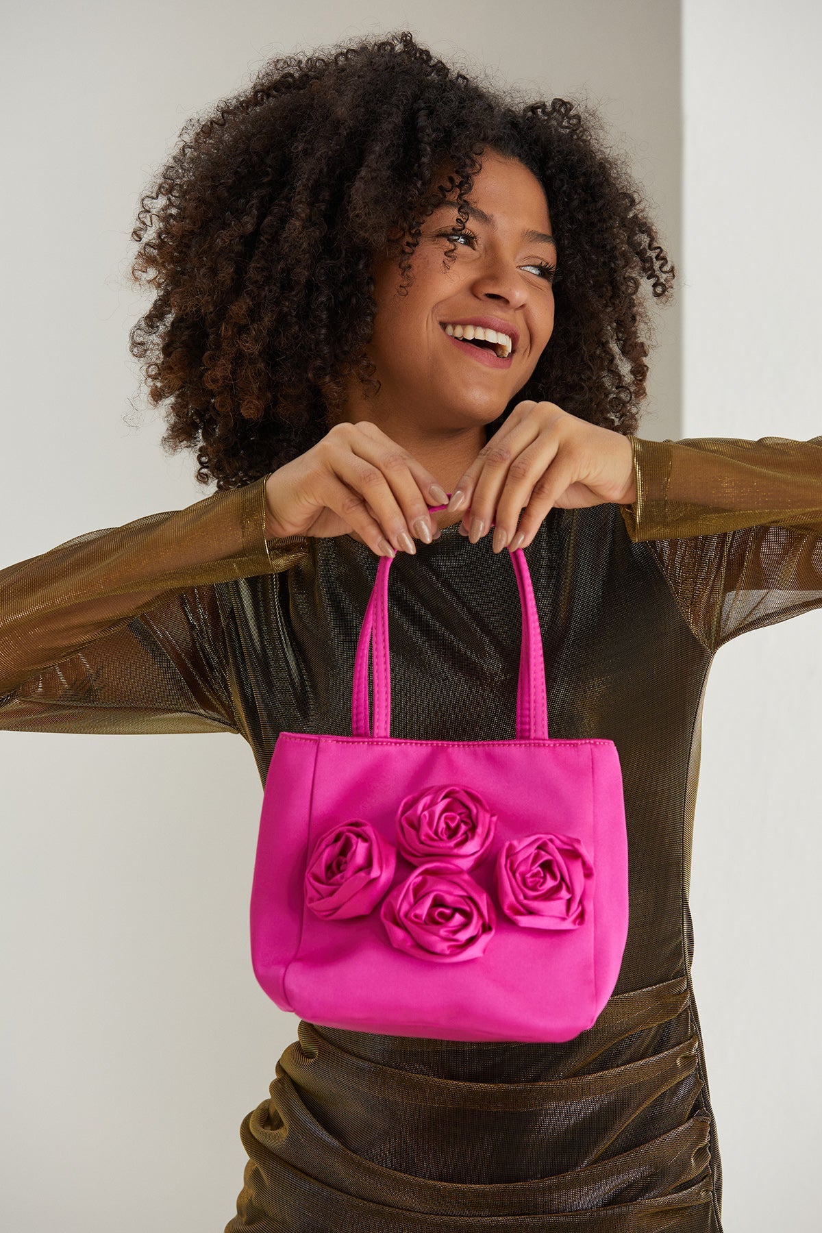 Floral Satin Handbag with Detachable Crossbody Strap - Pink