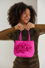 Floral Satin Handbag with Detachable Crossbody Strap - Pink