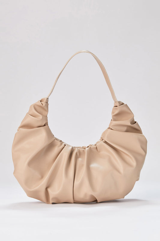 Pu Leather Pleated Shoulder Bag - Nude