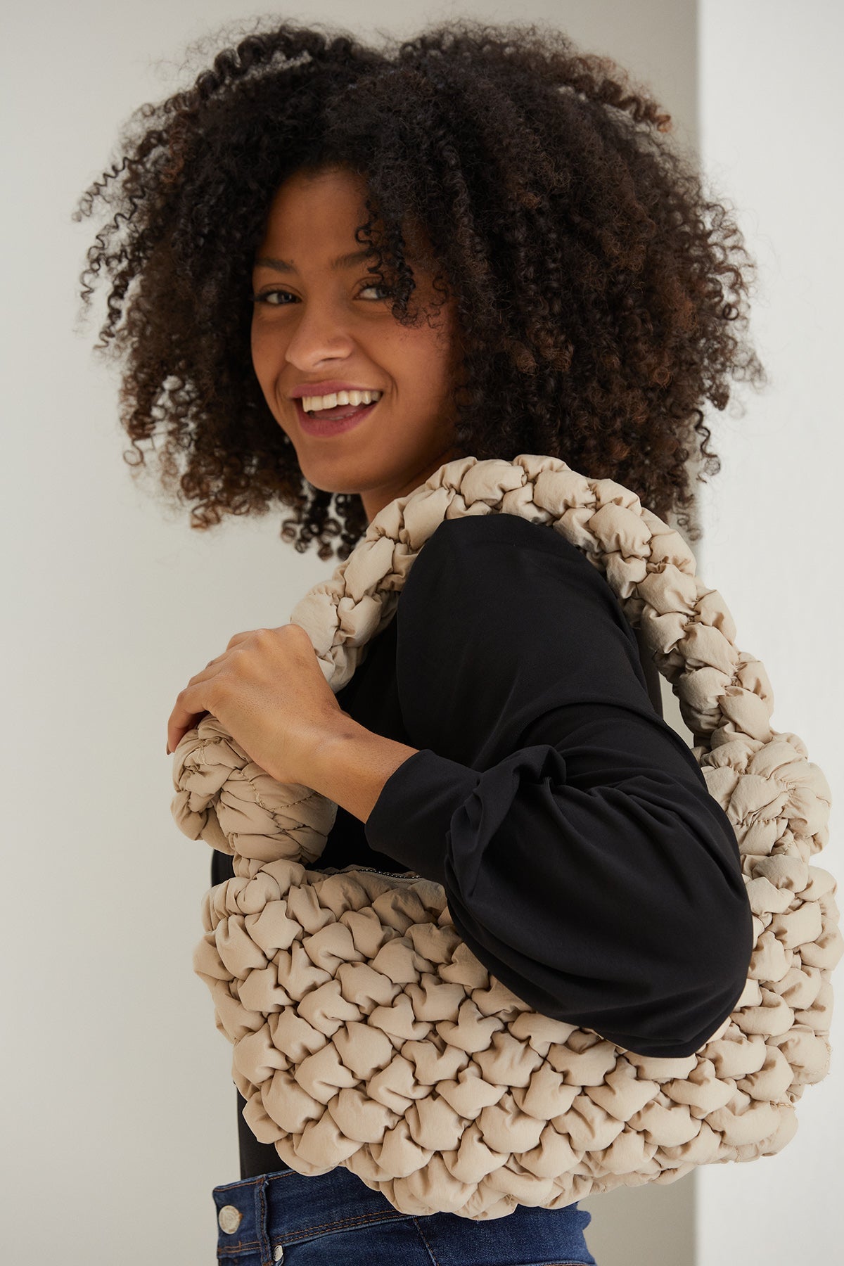 Puffy Quilted Lightweight Shoulder Bag - Beige