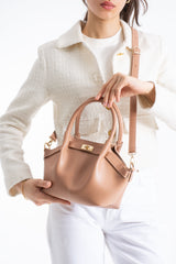 Pu Leather Top Handle Crossbody Bag with Twist Lock Detail - Nude