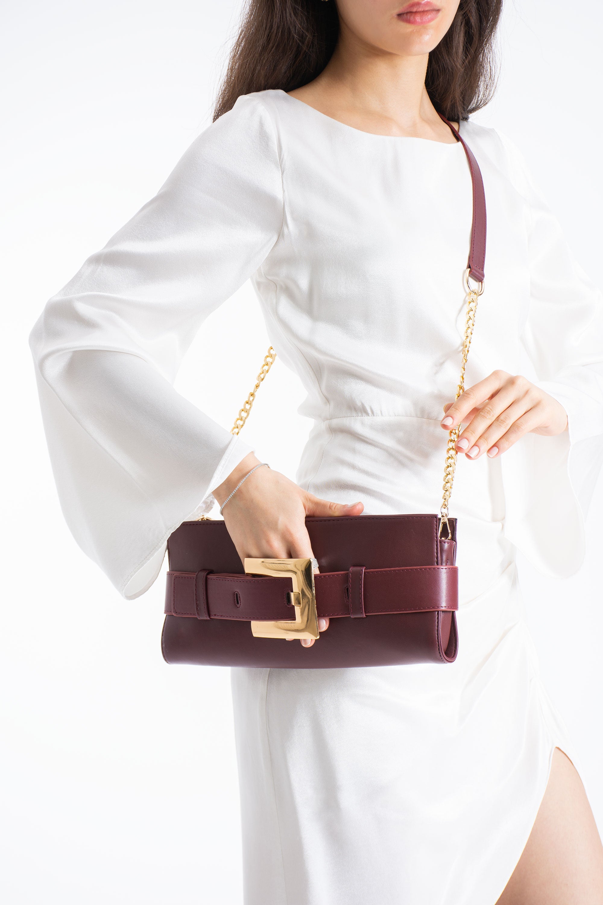 PU Leather Shoulder & Clutch Bag with Large Gold Buckle - Burgundy