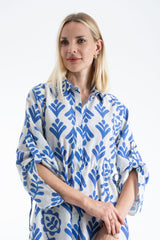 Women’s Linen Blend Leaf Print Midi Shirt Dress - Blue