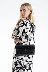 Crinkle Patent Flap Closure Wristlet & Clutc&Crossbody  3-in-1 Handbag - Black