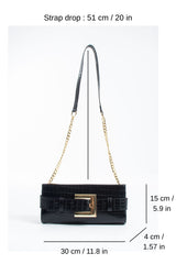 Croc PU Leather Shoulder & Clutch Bag with Large Gold Buckle - Black