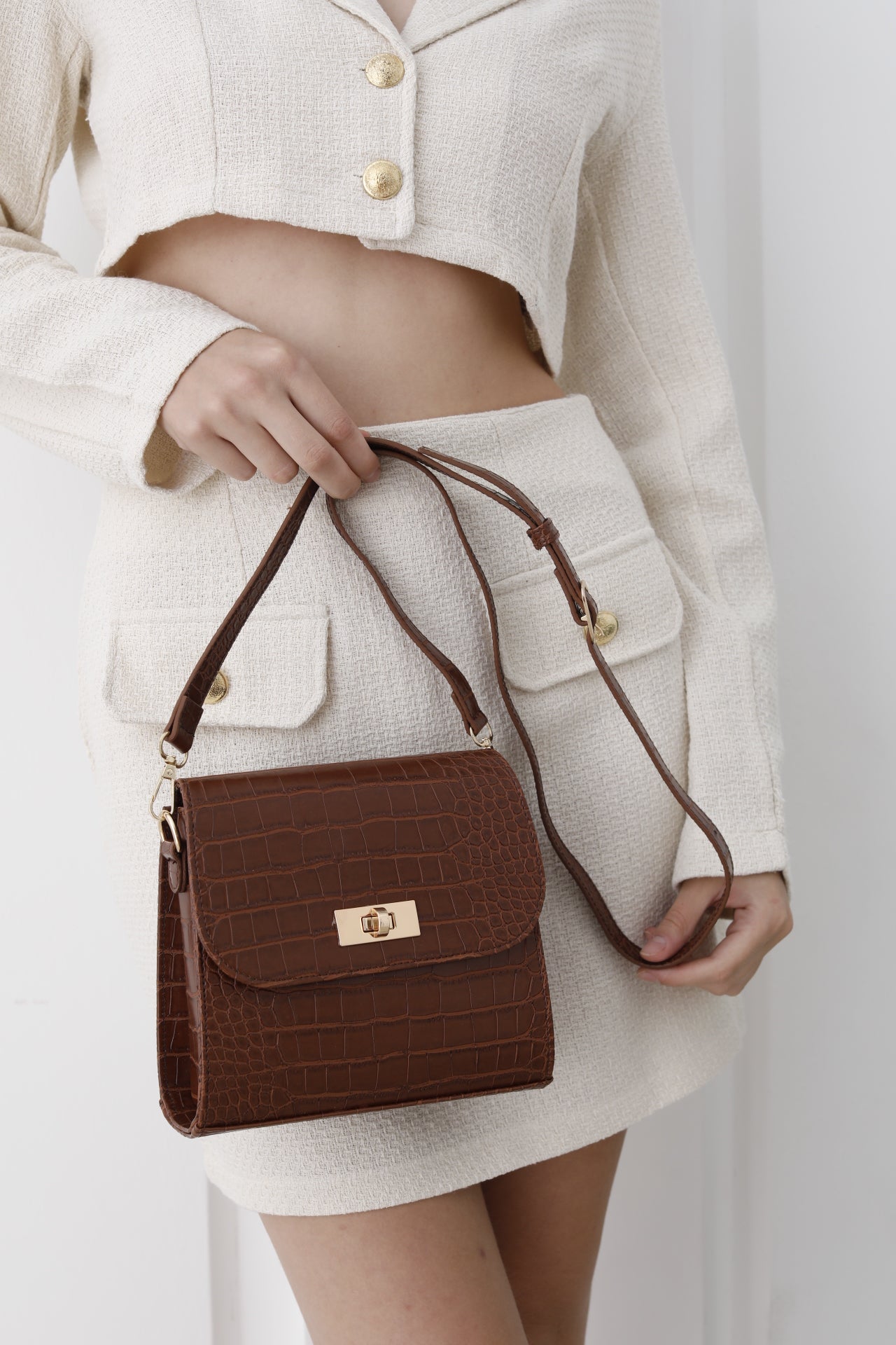 Croc Pu Leather Crossbody Bag - Brown